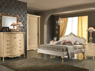 Letto Argo in tessuto con testiera con cornice in legno lavorata in foglia oro di Euro Design