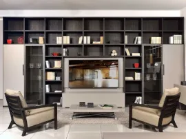 Libreria a muro componibile in legno, laccato opaco e vetro composizione 01 di Fratelli Elli