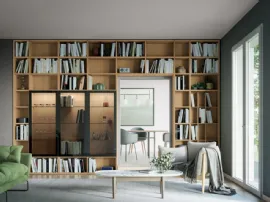 Libreria su misura Logic Collection 14 in rovere avana con ante in laccato ardesia opaco e vetro grigio trasparente di Morassutti