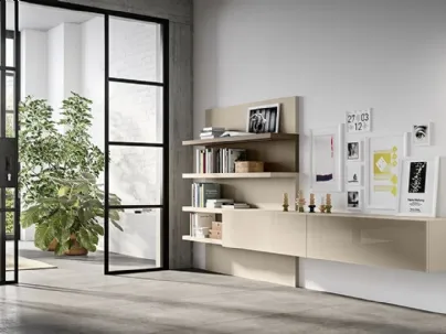 Parete Attrezzata Live 10 BE GLOSSY in vetro visone lucido, laccato opaco visone e grigio tortora di Morassutti