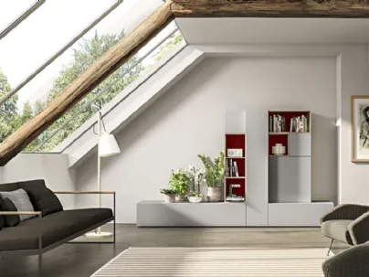Parete Attrezzata Live 23 GREY & WOOD in laccato opaco sabbia e rosso cina e rovere naturale di Morassutti