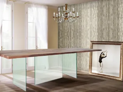 Tavolo Infinity 15 con top in legno e base in vetro di Bamart