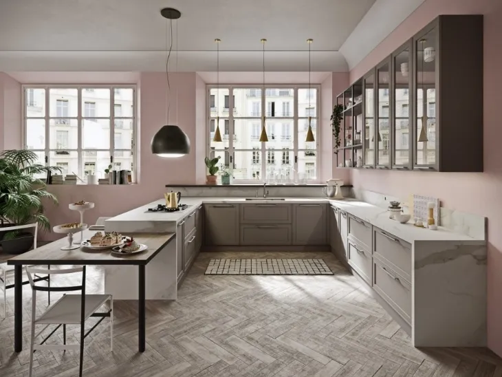 Cucina Moderna angolare con penisola in laccato opaco e HPL effetto marmo Vintage di Ar-Tre