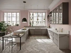 Cucina Moderna angolare con penisola in laccato opaco e HPL effetto marmo Vintage di Ar-Tre
