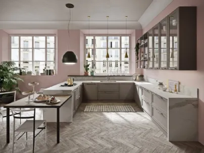 Cucina Moderna angolare con penisola in laccato opaco e HPL effetto marmo Vintage di Ar-Tre